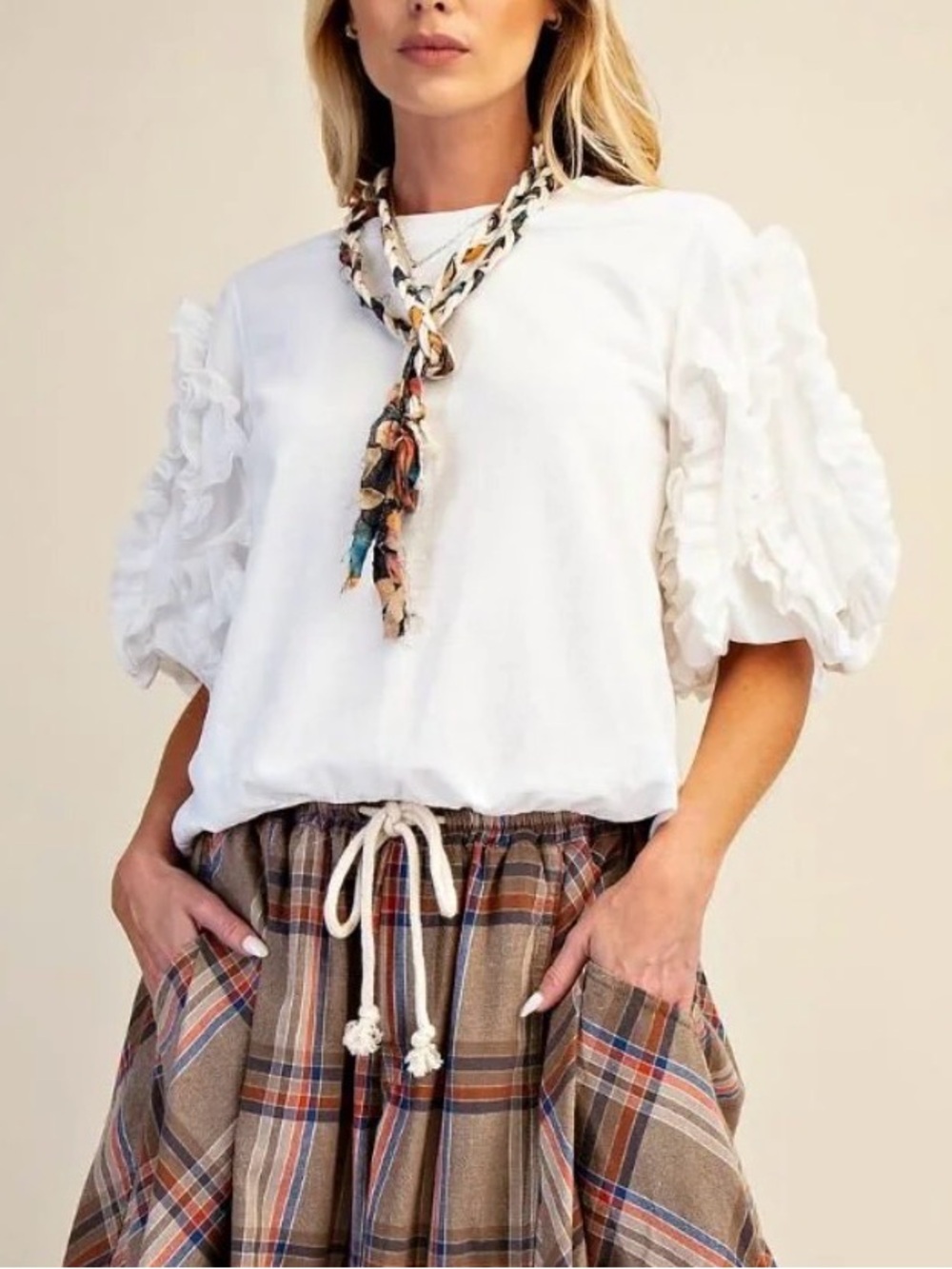 NEW Easel White Ruffle Sleeve Top Large 100% Cotton Bubble Knit Crew Neck